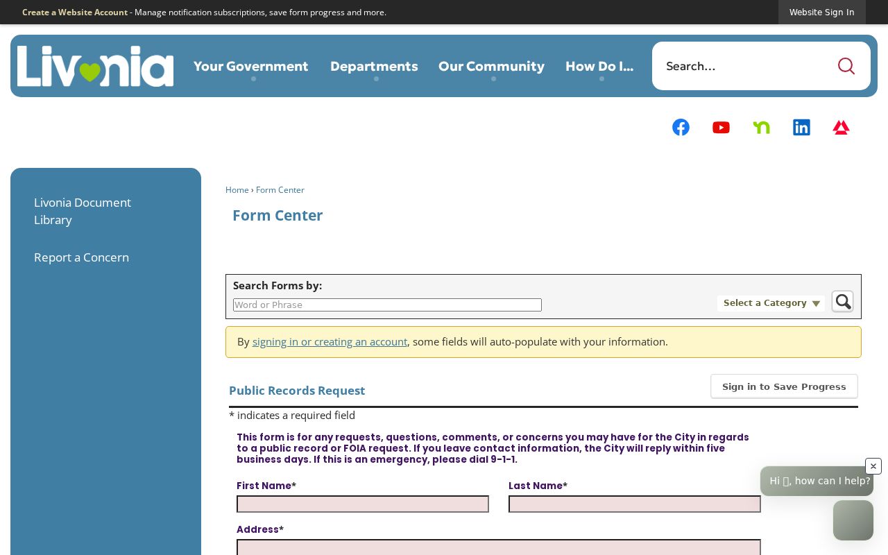 Livonia residents directory City Clerk public records request form