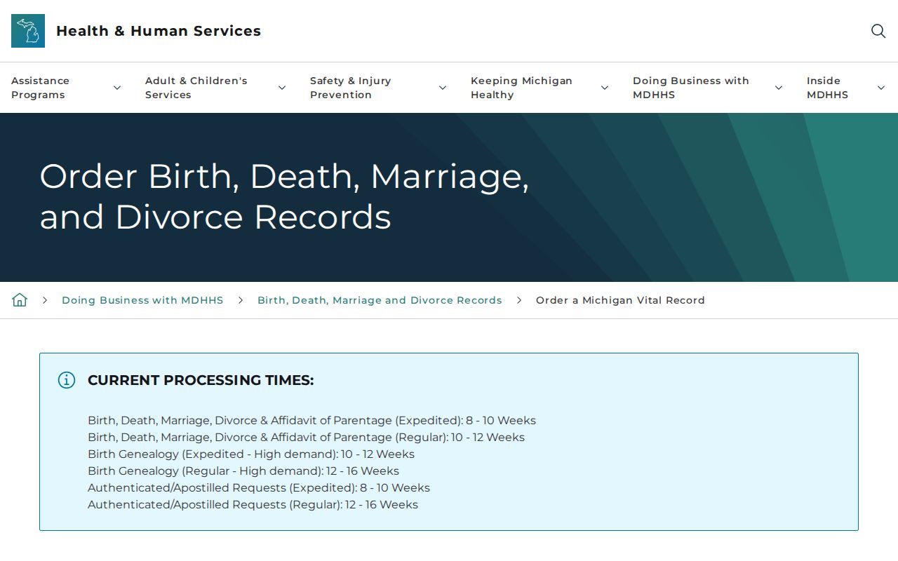 Livonia resident lookup view of Michigan vital-record application options