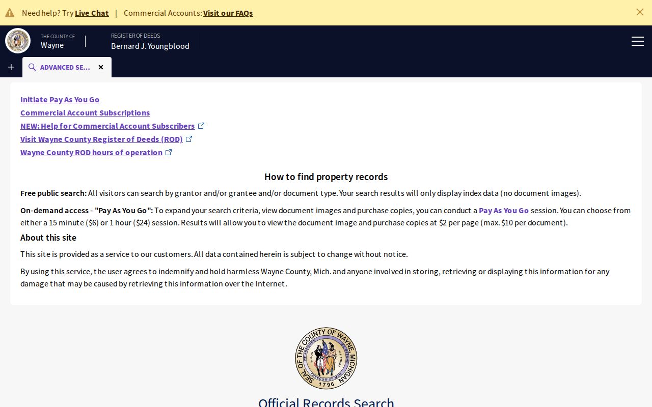 Livonia street directory Wayne Public Search deed index landing page